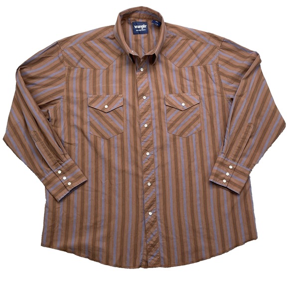 Wrangler Western Pearl Snap Shirt 18x35 Brown‎ Blue Stripe 70's Workwear Cowboy - Picture 1 of 9